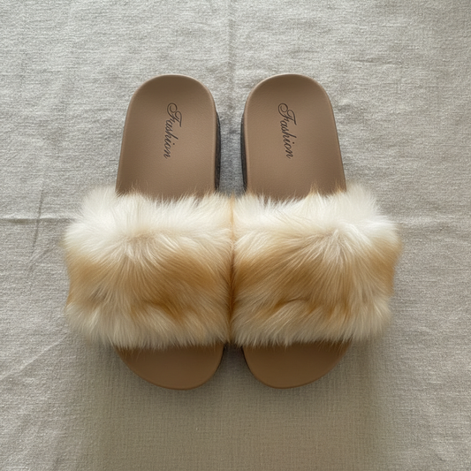 Beige Faux Fur Slides
