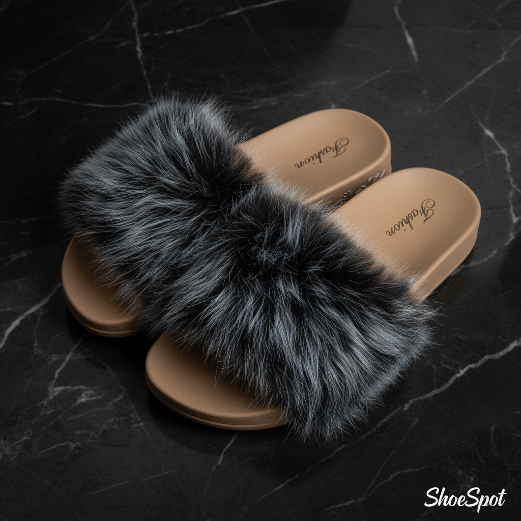 Black Faux Fur Slides
