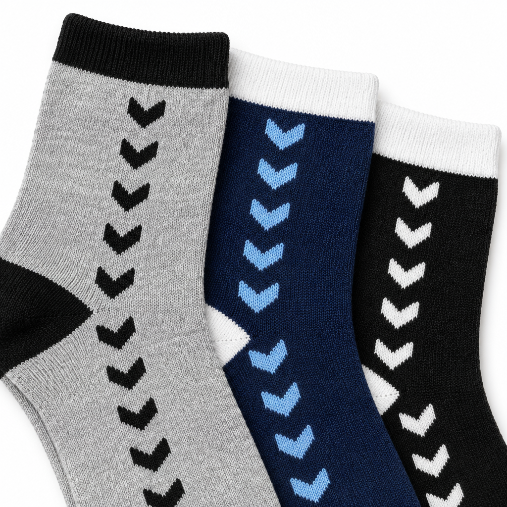 Illustration of grey, navy and black chevron sock designs showing contrasting cuffs and knit pattern