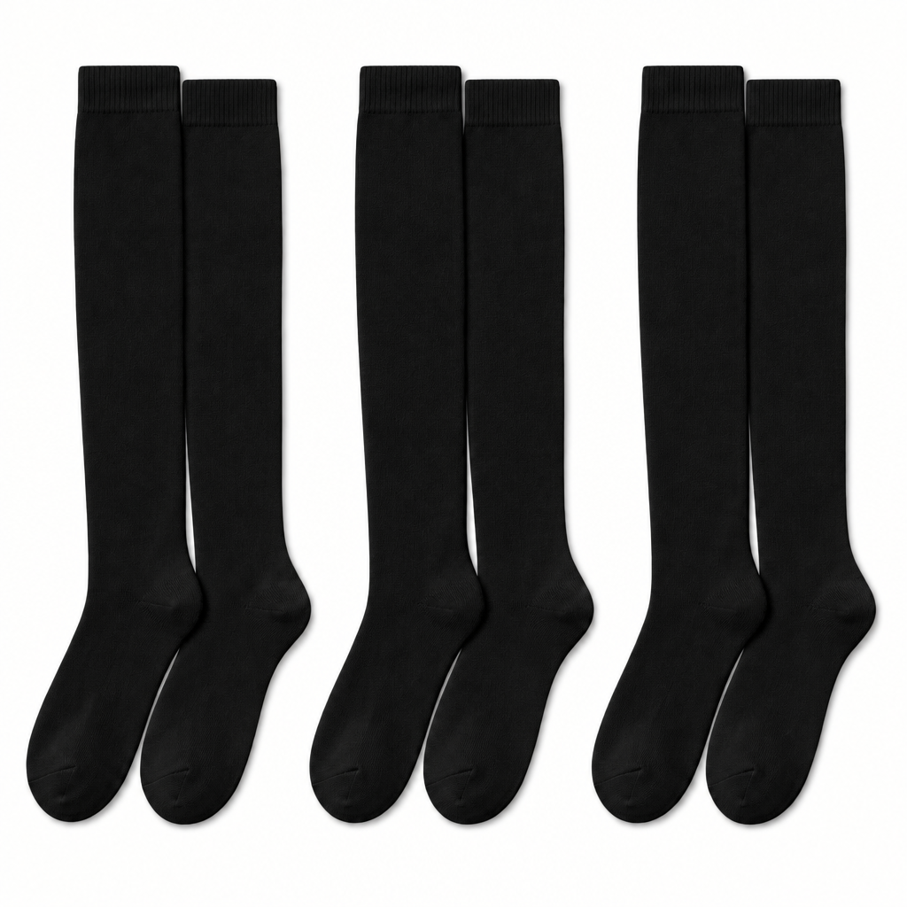 Illustration of three pairs of plain black knee-high school and sports socks