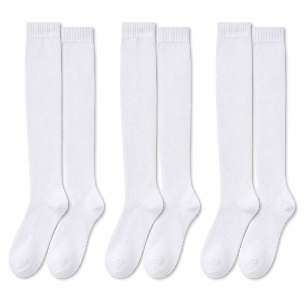 Illustration of three pairs of plain white knee-high school socks