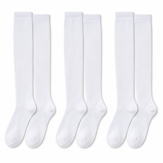 Illustration of three pairs of plain white knee-high school socks