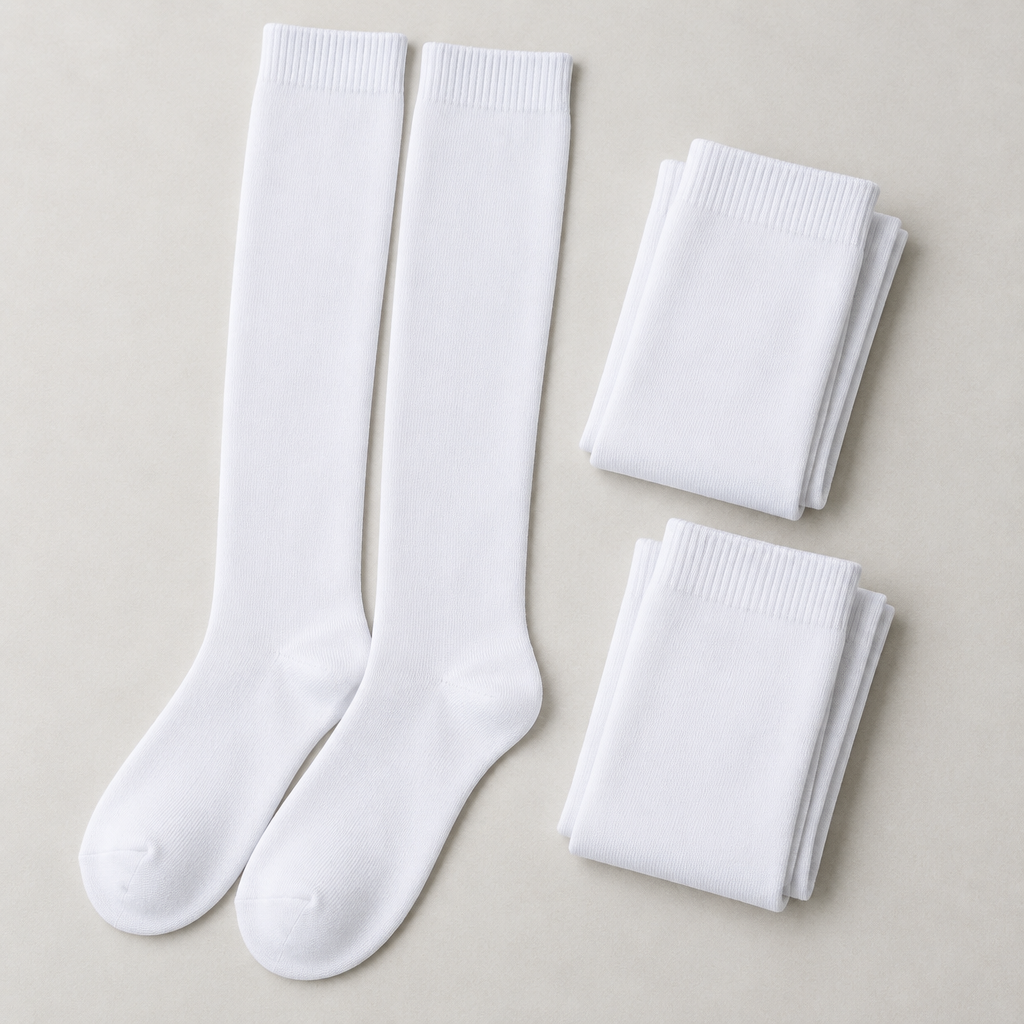 Illustration of white knee-high school socks with folded pairs and knit detail