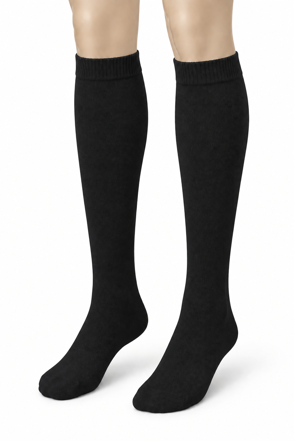 Illustration of black knee-high socks on mannequin lower legs showing the length