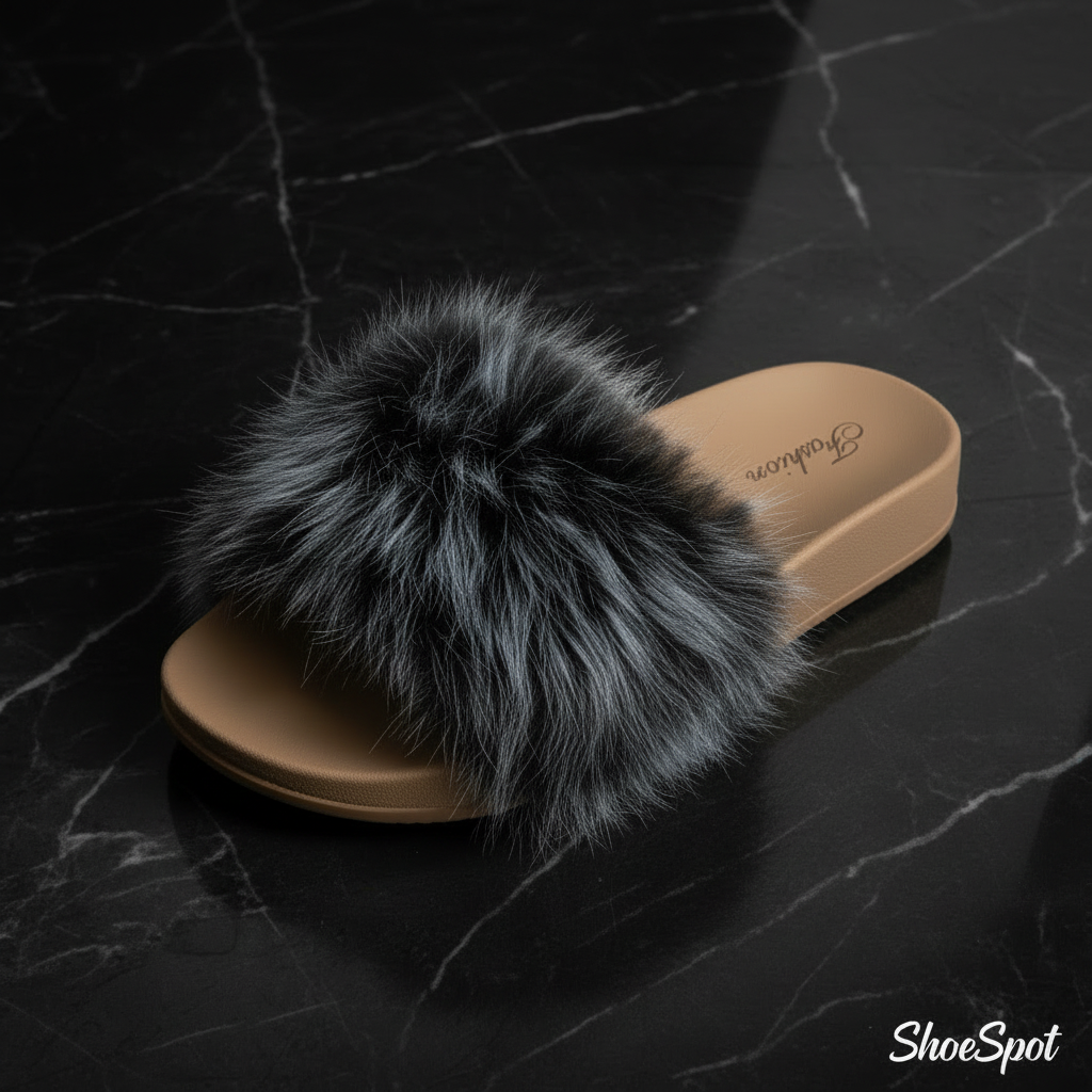 Side Profile - Black Faux Fur Slides