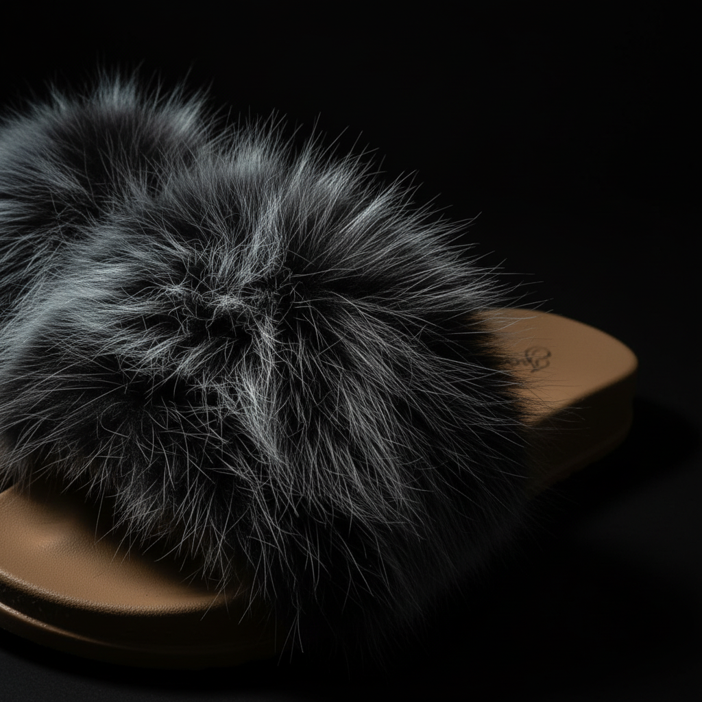 Texture Detail - Black Faux Fur Slides